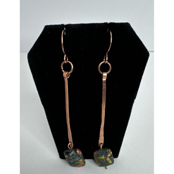 Artisan Crafted Hammered Copper And Sea Sediment Jasper Dangle Earrings Boho - Picture 2 of 6